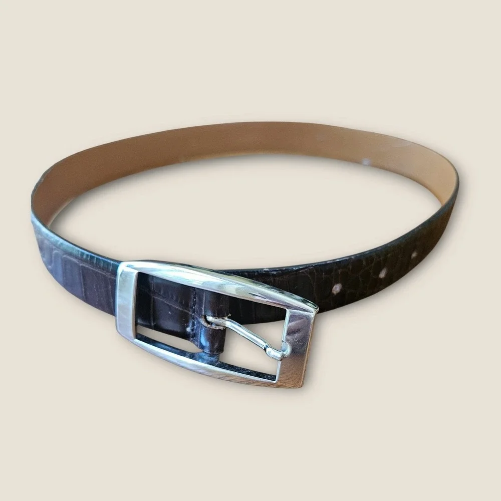 Harold's Dark Brown Croc-Textured Leather Belt with Silver Buckle